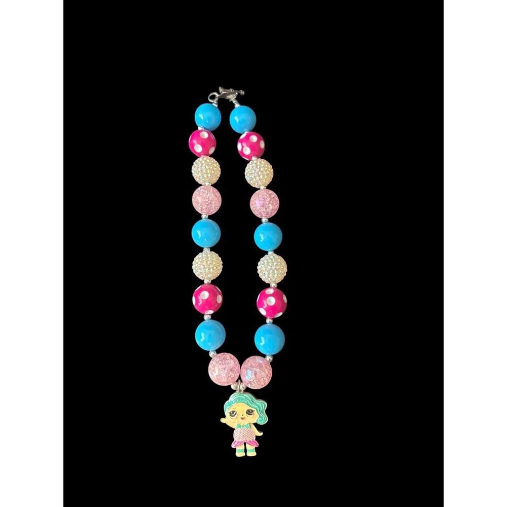 Bubblegum Bead Necklace Girl Doll Pendant Pink Blue Polka Dot Rhinestone Chunky